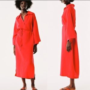 ZARA Red Linen Blend Midi Dress